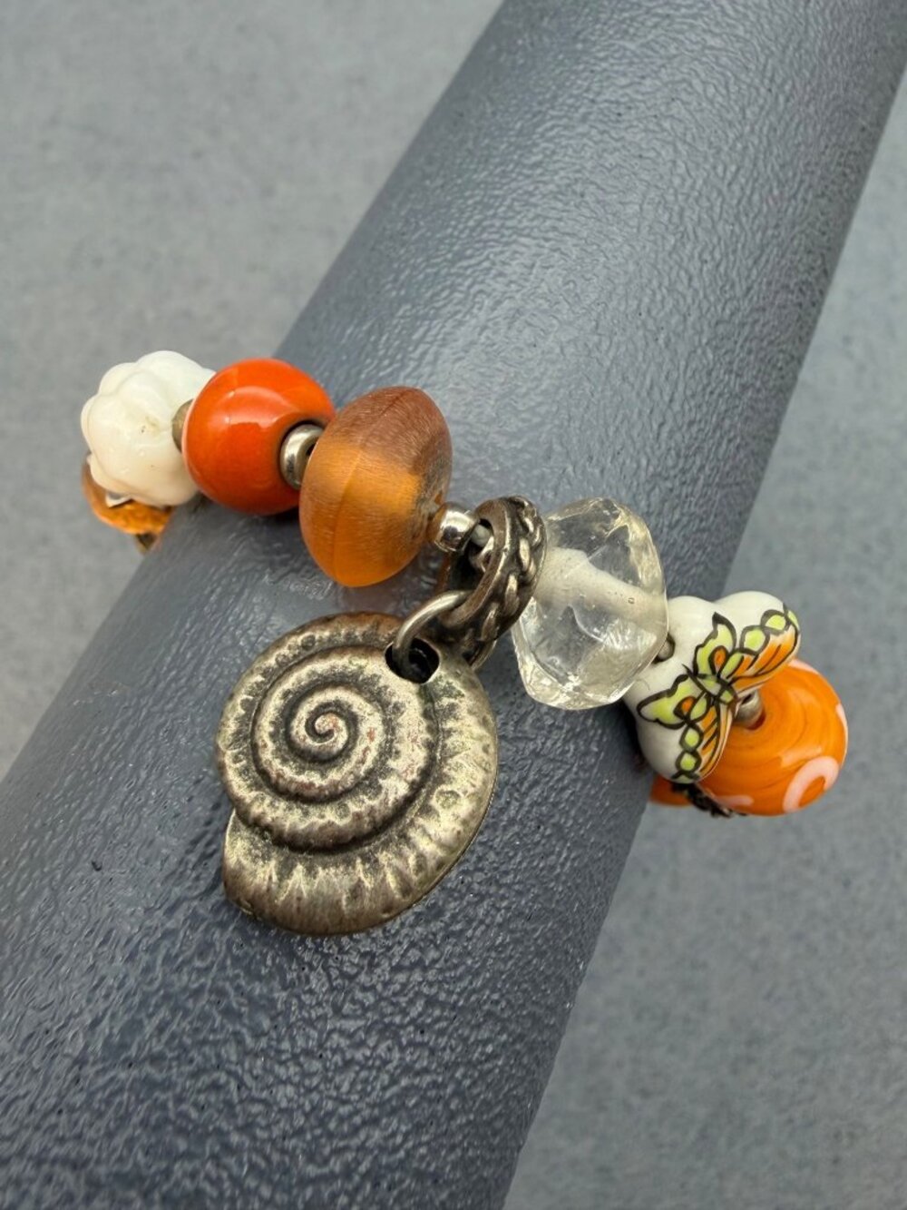 Beaded Charm Bracelet 7 In Orange White Glass Silver Butterfly Silver Spiral